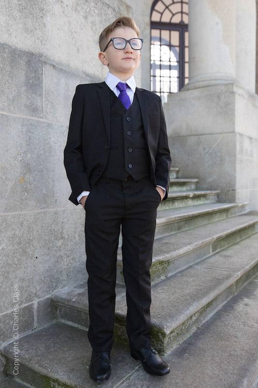 Boys Black Slim Fit Wedding Suit with Purple Tie | Charles Class